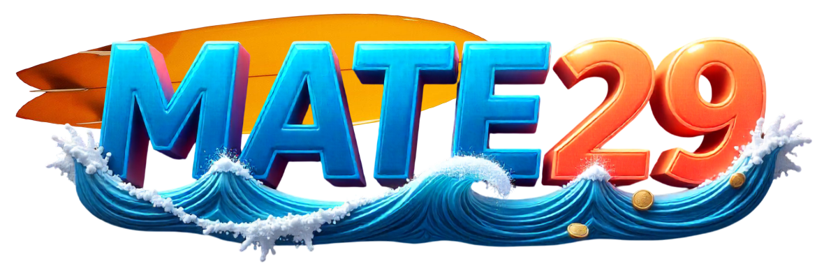 MATE29 Casino logo — orange surfboard on a blue wave