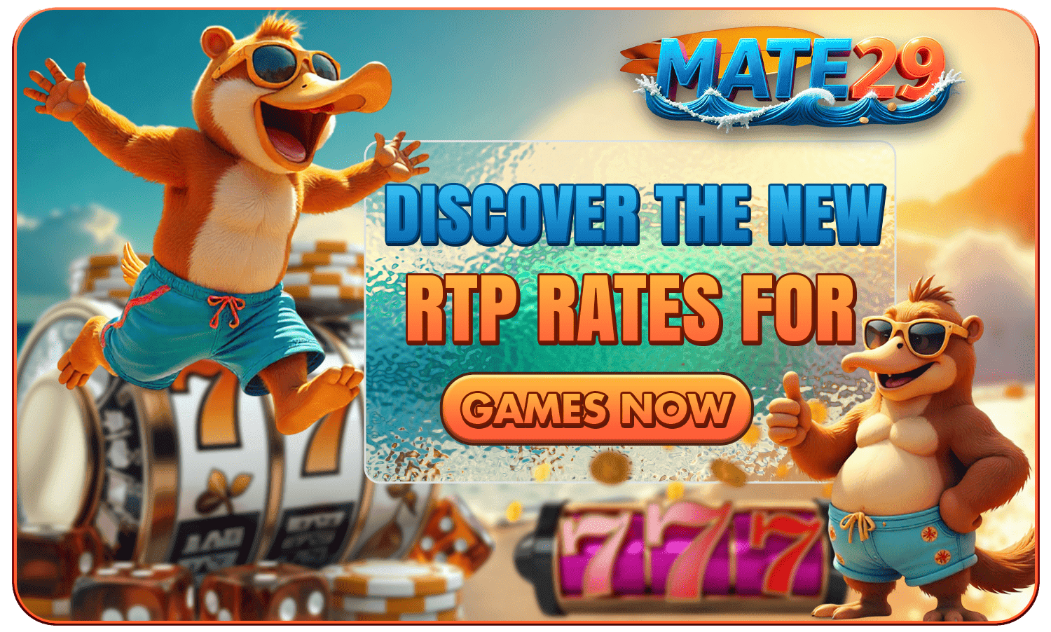 MATE29 mascots announcing newly published RTP rates for all games